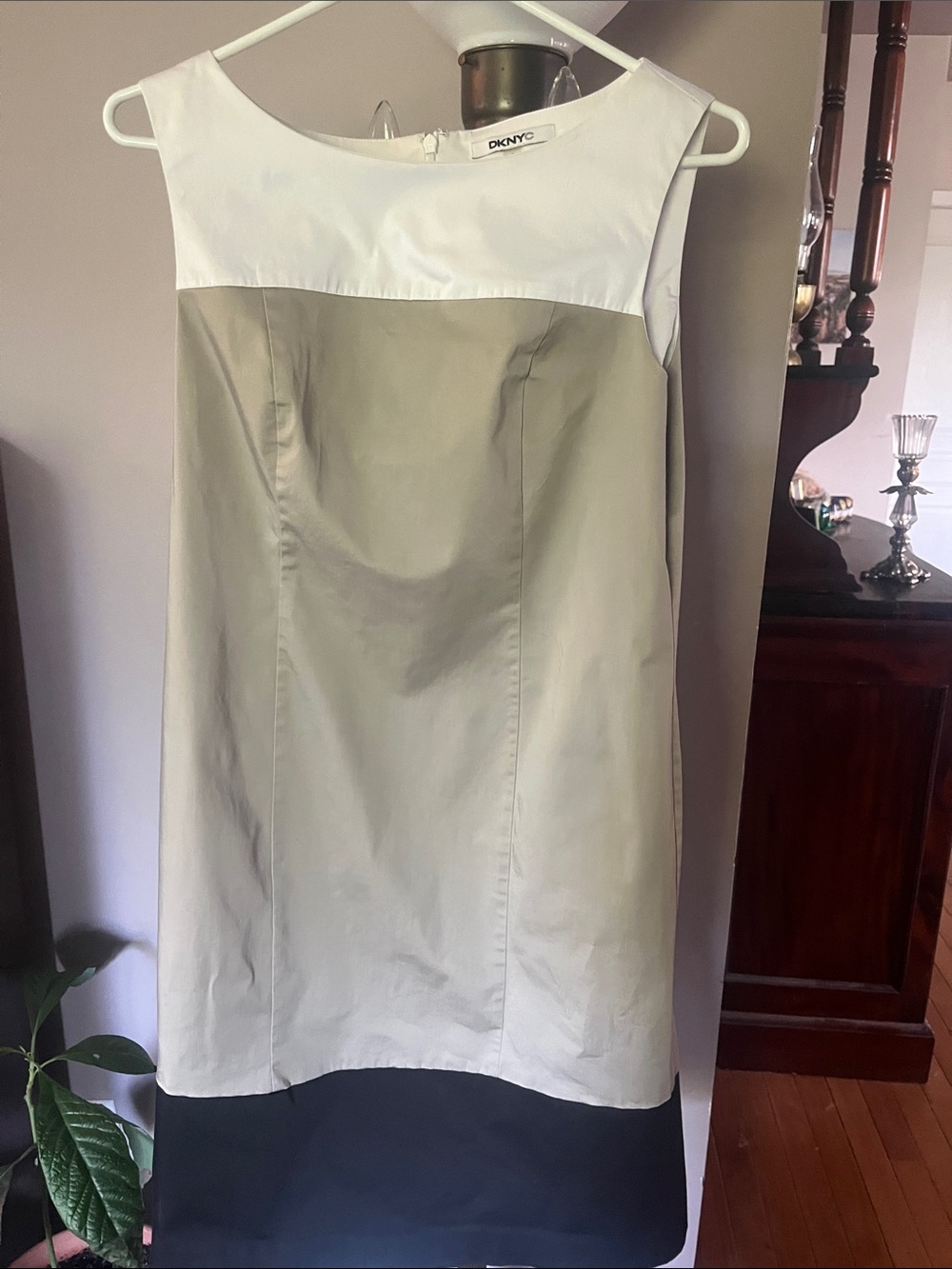 DKNY White, Taupe & Black Colorblock Midi Dress